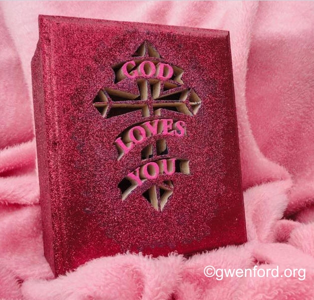 Wooden pink scroll work Prayer Box with 'God Loves You' and Cross.